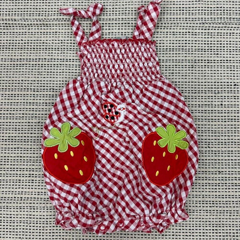 Y2K Baby Girls Okie Dokie Red White Gingham Strawberry Romper